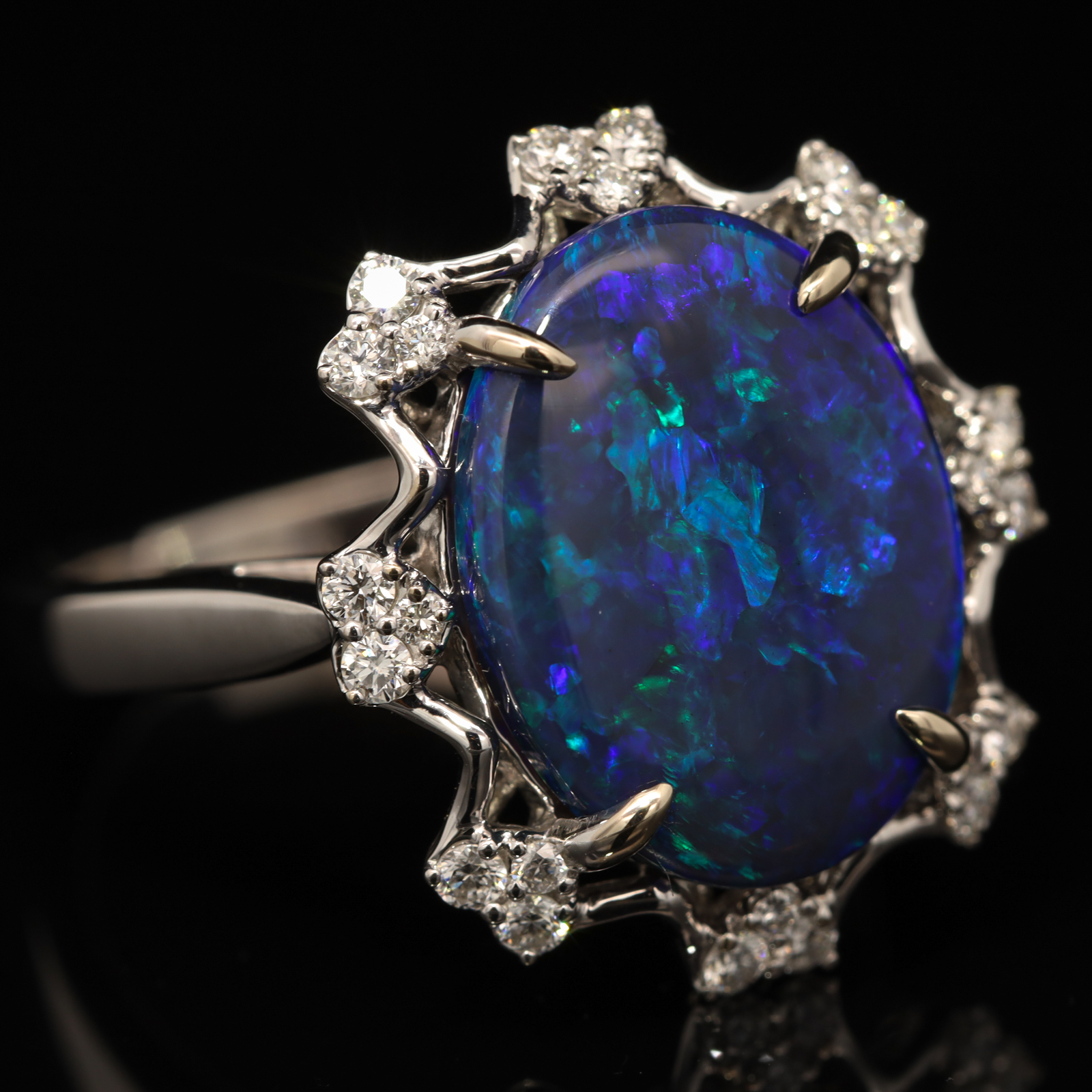 White Gold Blue Green Black Opal and Diamond Ring