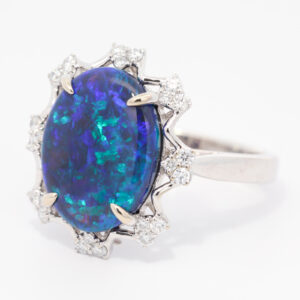 White Gold Blue Green Black Opal and Diamond Ring