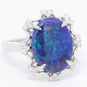 White Gold Blue Green Black Opal and Diamond Ring