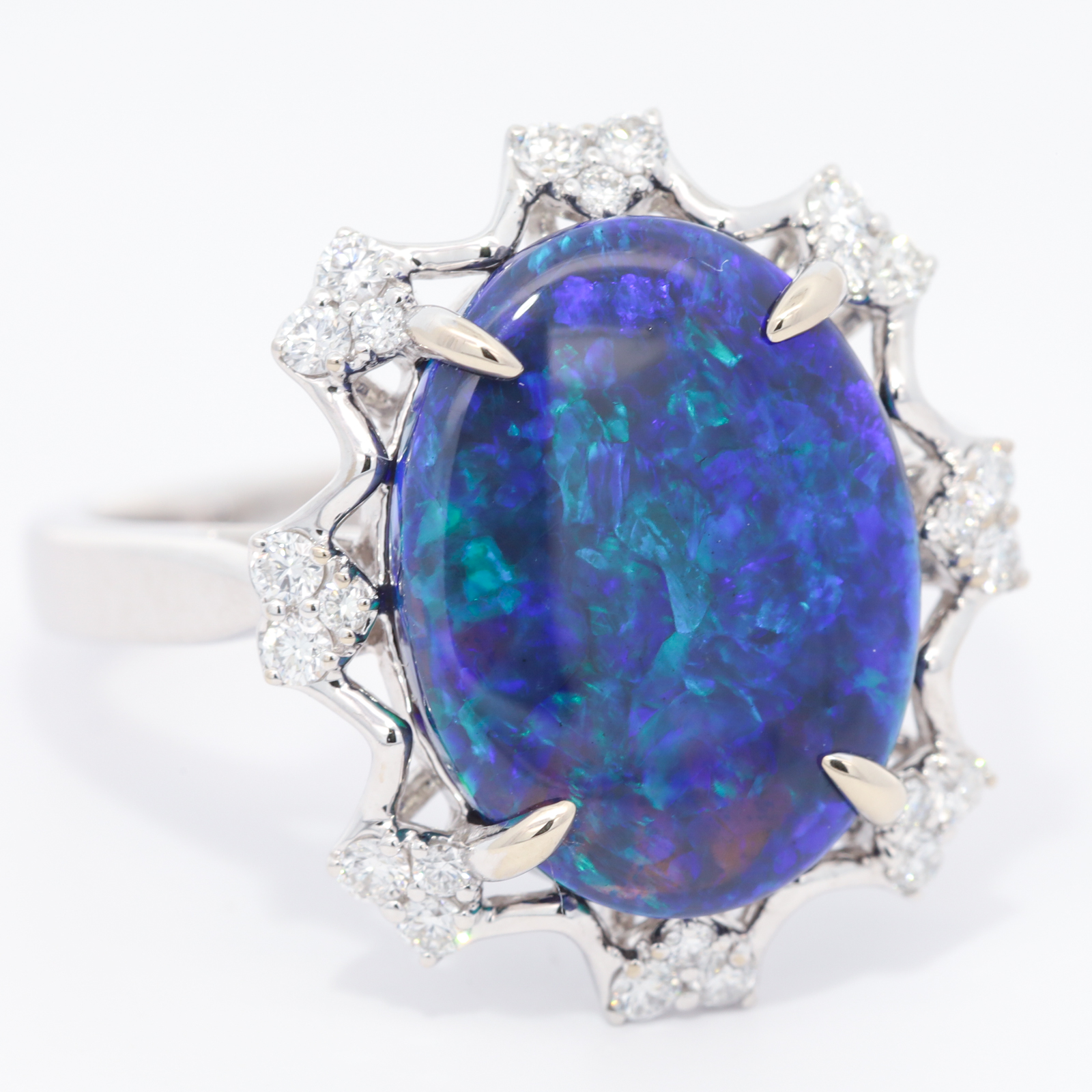 White Gold Blue Green Black Opal and Diamond Ring
