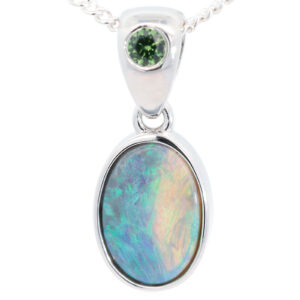 Sterling Silver Blue Green Black Crystal Opal and Parti Sapphire Pendant
