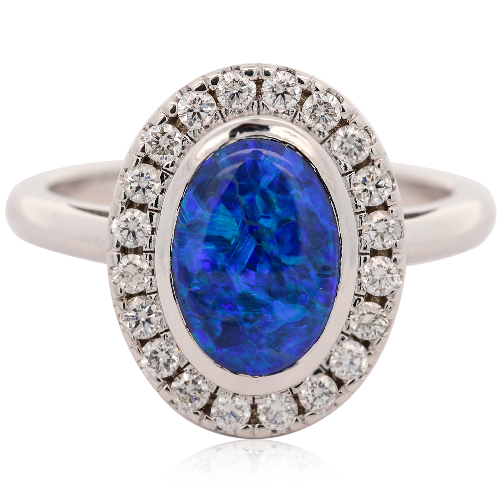 Custom White Gold Blue Green Purple Black Opal and Diamond Ring
