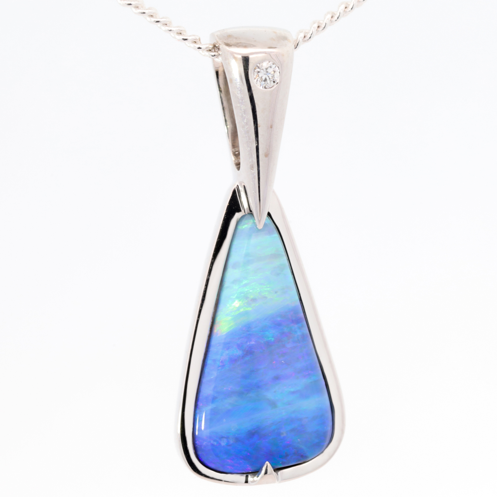 White Gold Blue Green Purple Boulder Opal Pendant