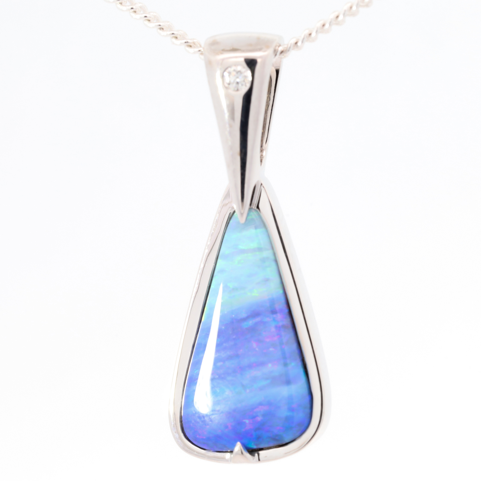 White Gold Blue Green Purple Boulder Opal Pendant