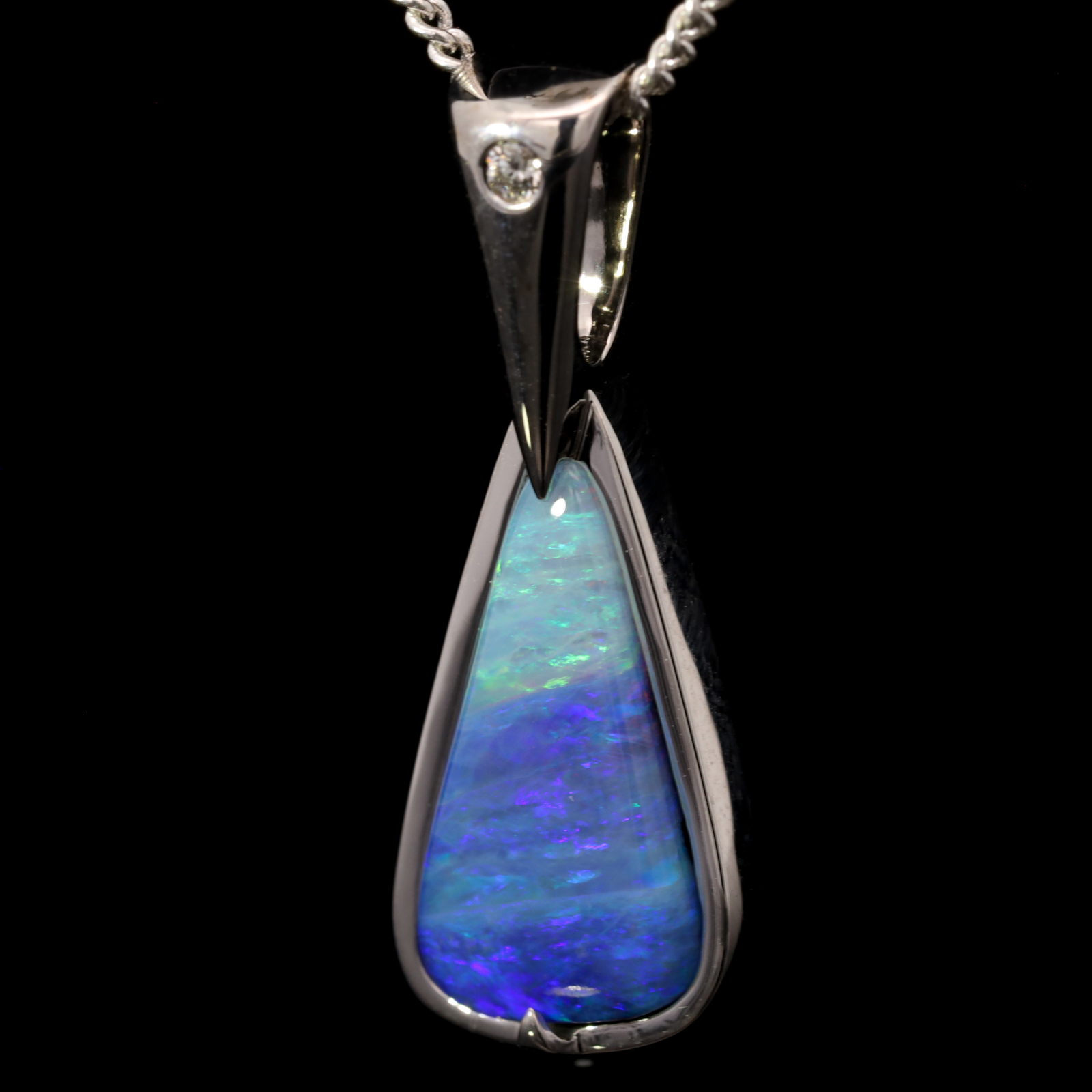 White Gold Blue Green Purple Boulder Opal Pendant
