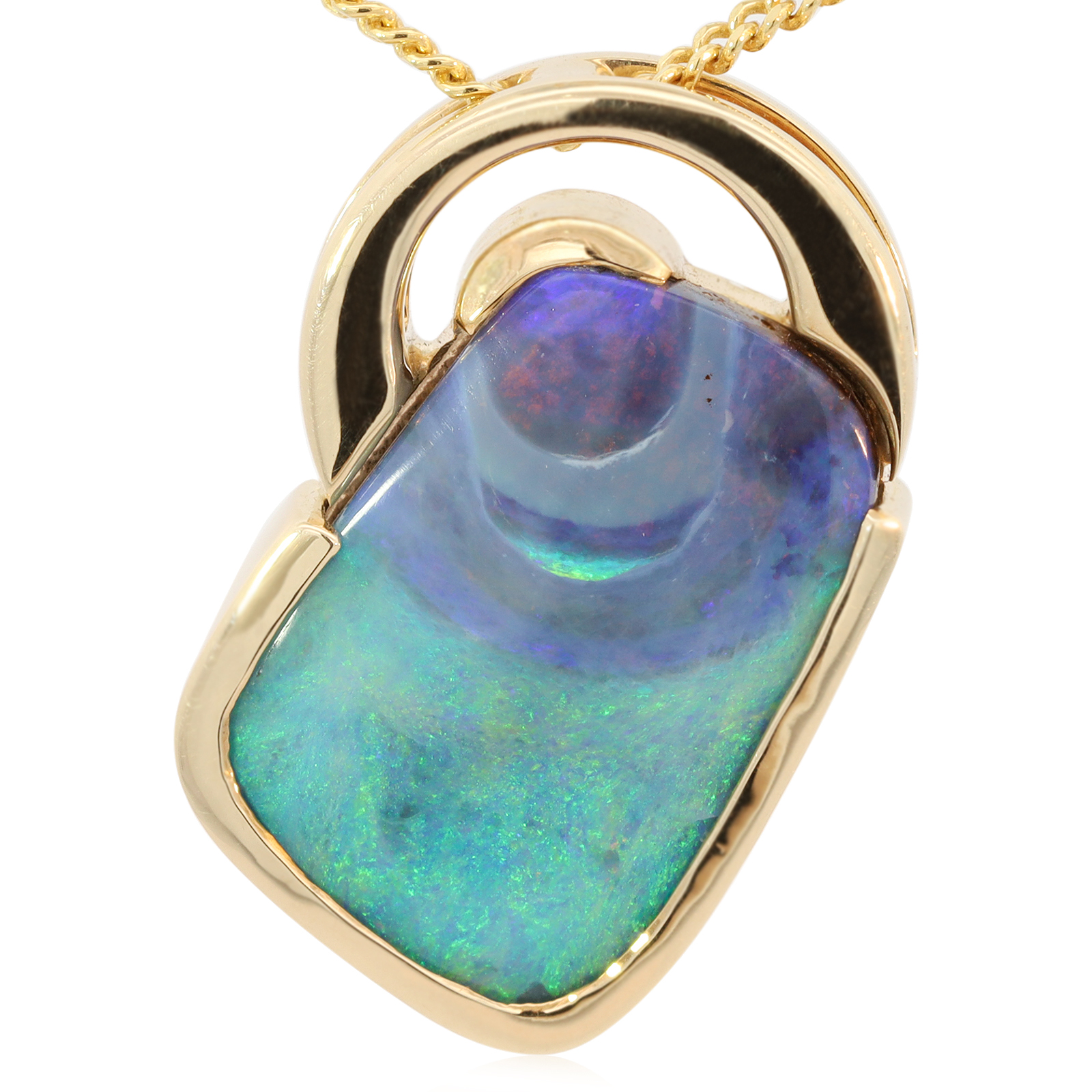 Yellow Gold Blue Green Purple Boulder Opal Pendant