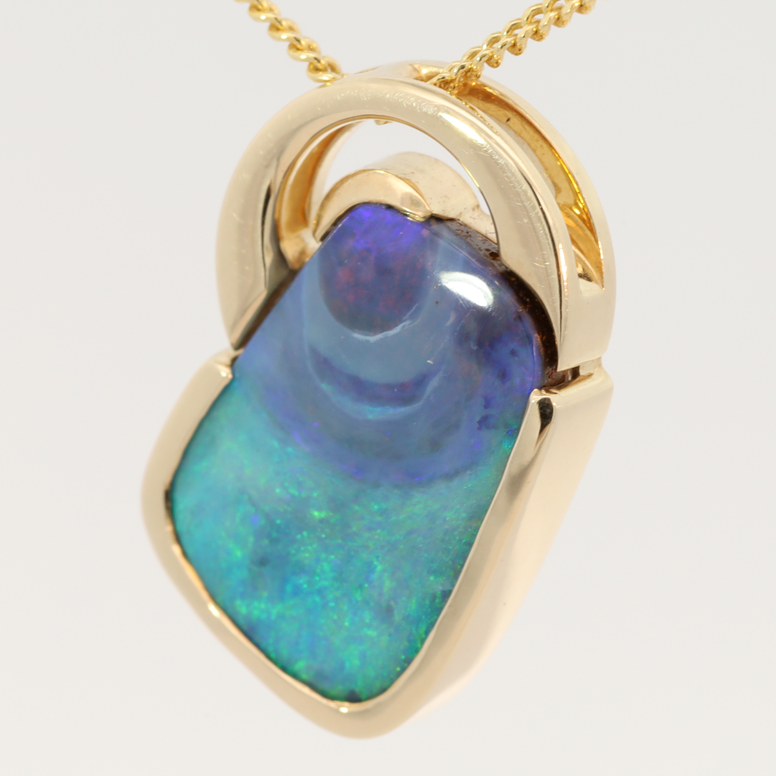 Yellow Gold Blue Green Purple Boulder Opal Pendant