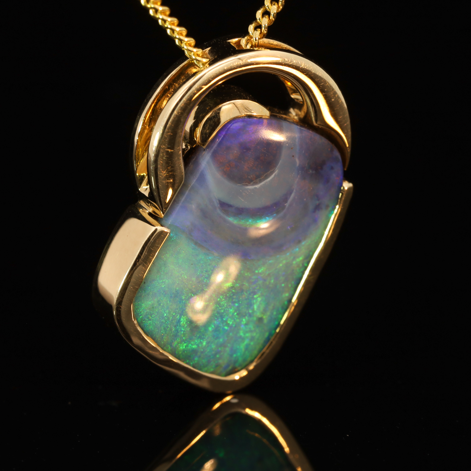 Yellow Gold Blue Green Purple Boulder Opal Pendant