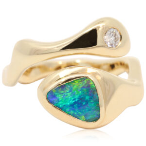 Yellow Gold Blue Green Yellow Boulder Opal and Argyle Diamond Ring