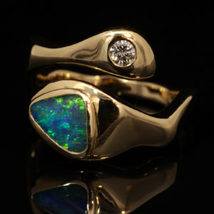 Yellow Gold Blue Green Yellow Boulder Opal and Argyle Diamond Ring