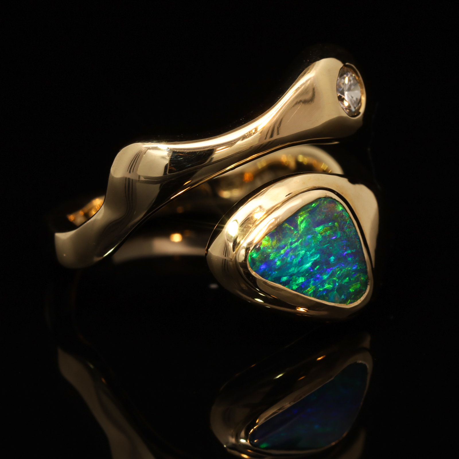 Yellow Gold Blue Green Yellow Boulder Opal and Argyle Diamond Ring