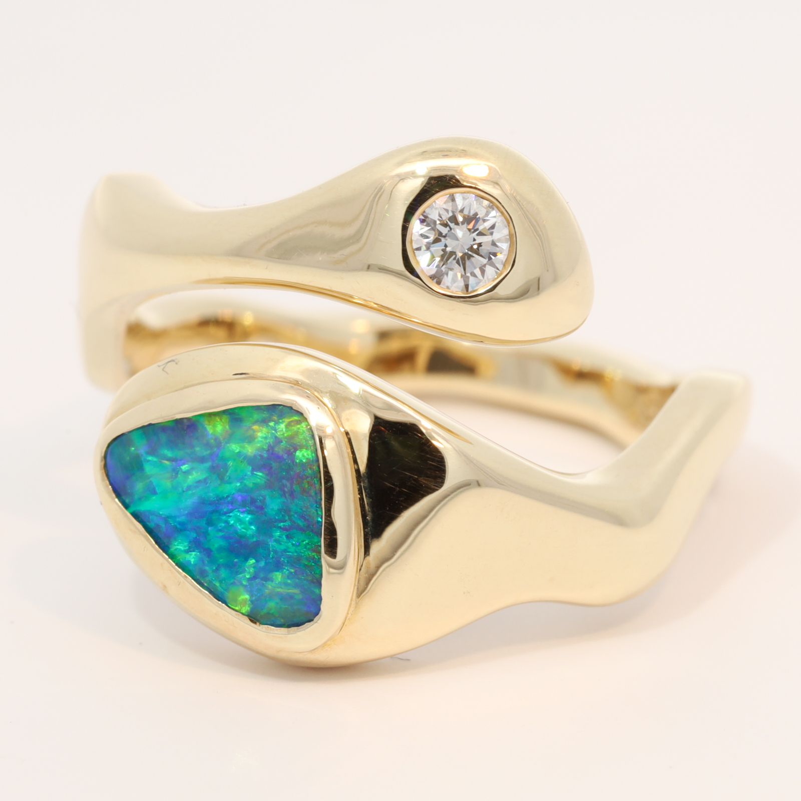 Yellow Gold Blue Green Yellow Boulder Opal and Argyle Diamond Ring