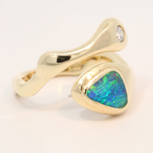 Yellow Gold Blue Green Yellow Boulder Opal and Argyle Diamond Ring