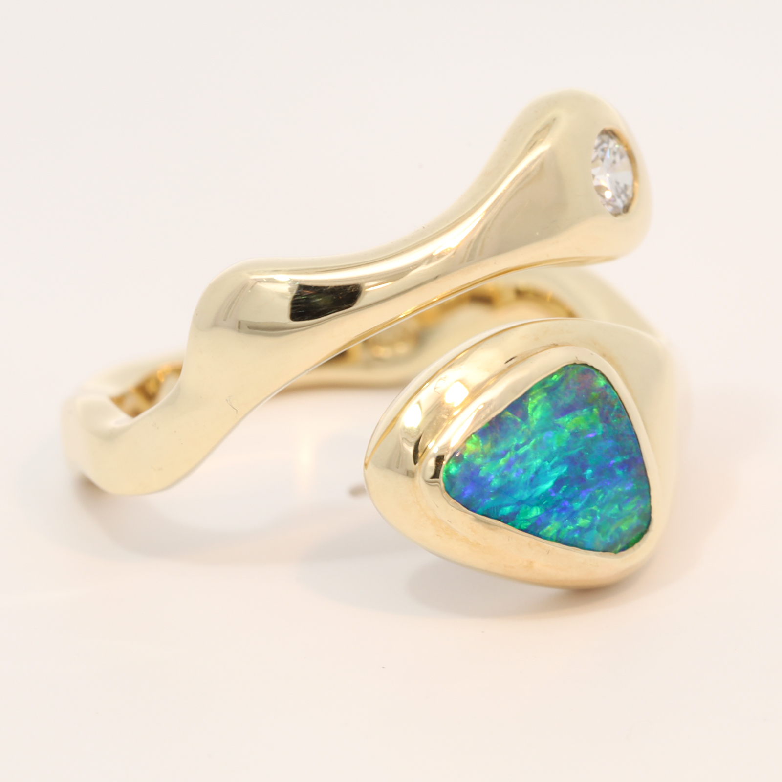 Yellow Gold Blue Green Yellow Boulder Opal and Argyle Diamond Ring