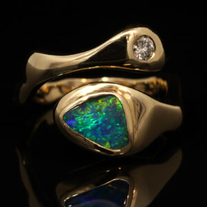 Yellow Gold Blue Green Yellow Boulder Opal and Argyle Diamond Ring
