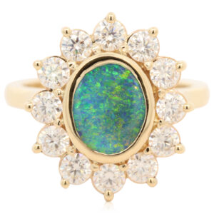 Custom Yellow Gold Blue Green Yellow Orange Black Opal and Moissanite Ring