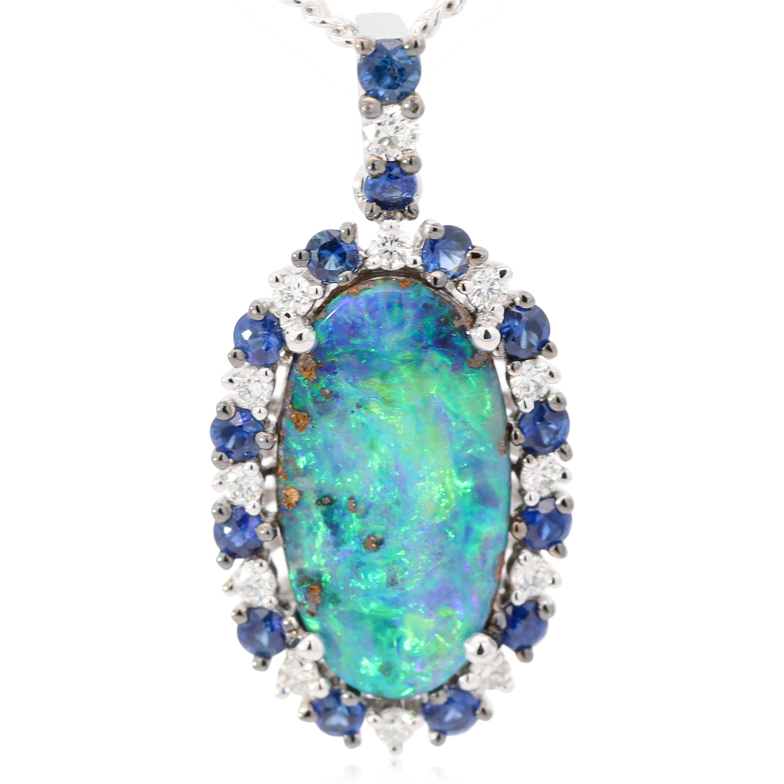 White Gold Blue Green Yellow Boulder Opal Diamond and Sapphire Pendant