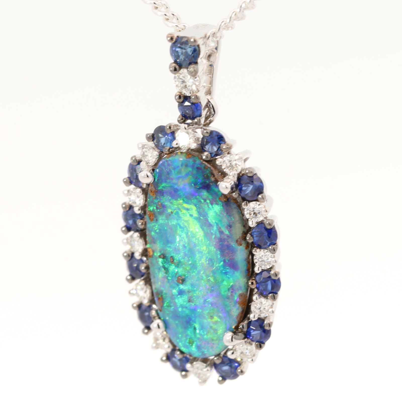 White Gold Blue Green Yellow Boulder Opal Diamond and Sapphire Pendant