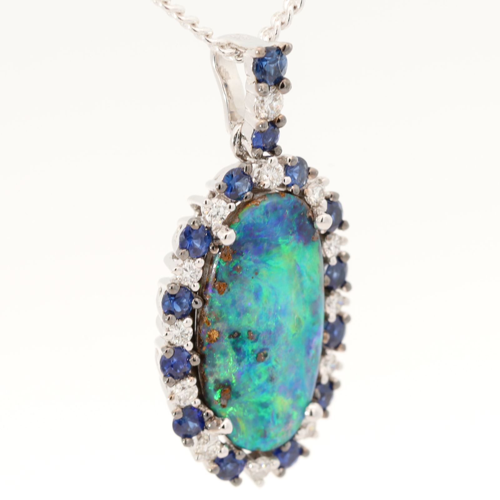 White Gold Blue Green Yellow Boulder Opal Diamond and Sapphire Pendant
