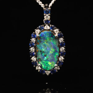 White Gold Blue Green Yellow Boulder Opal Diamond and Sapphire Pendant
