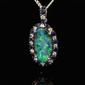 White Gold Blue Green Yellow Boulder Opal Diamond and Sapphire Pendant