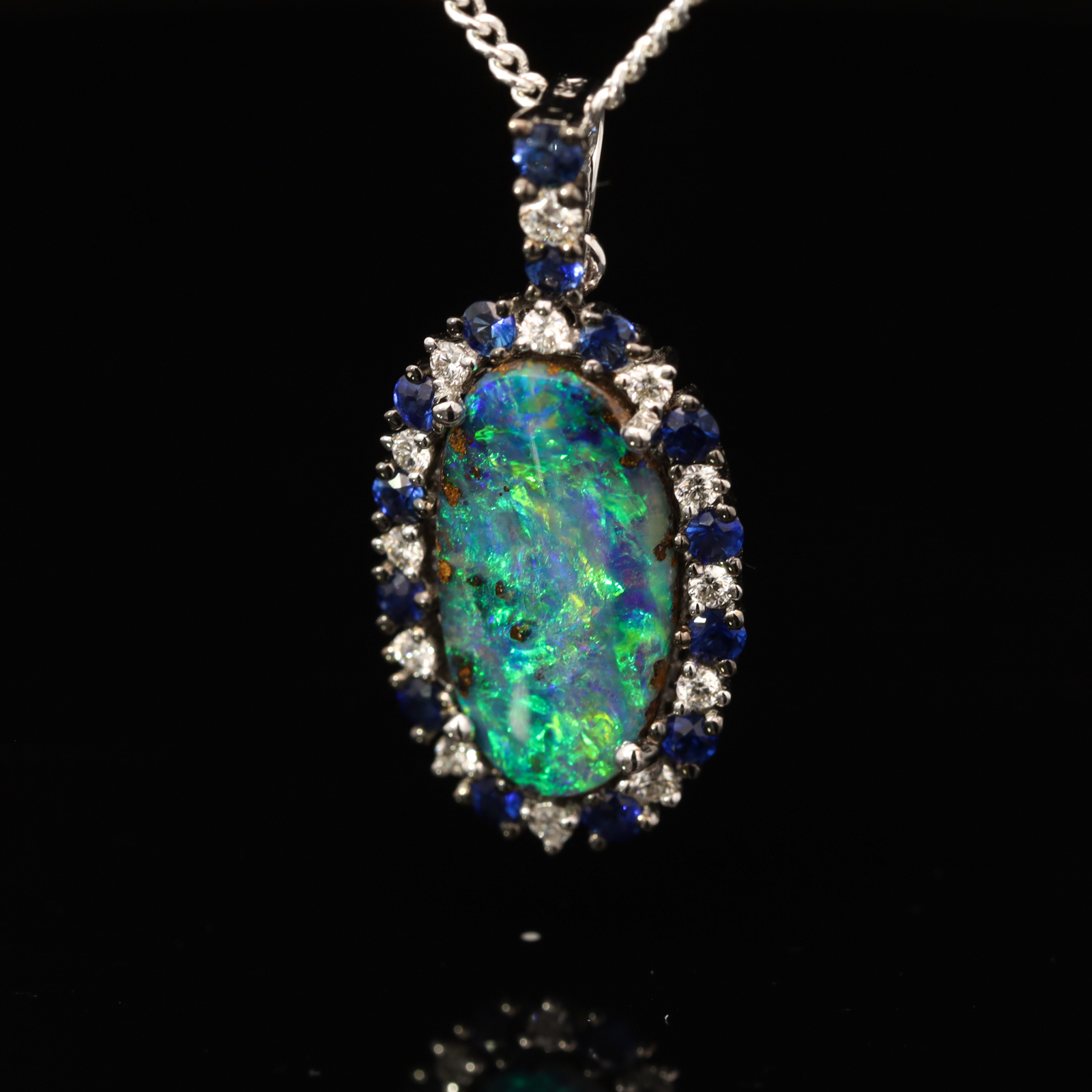 White Gold Blue Green Yellow Boulder Opal Diamond and Sapphire Pendant