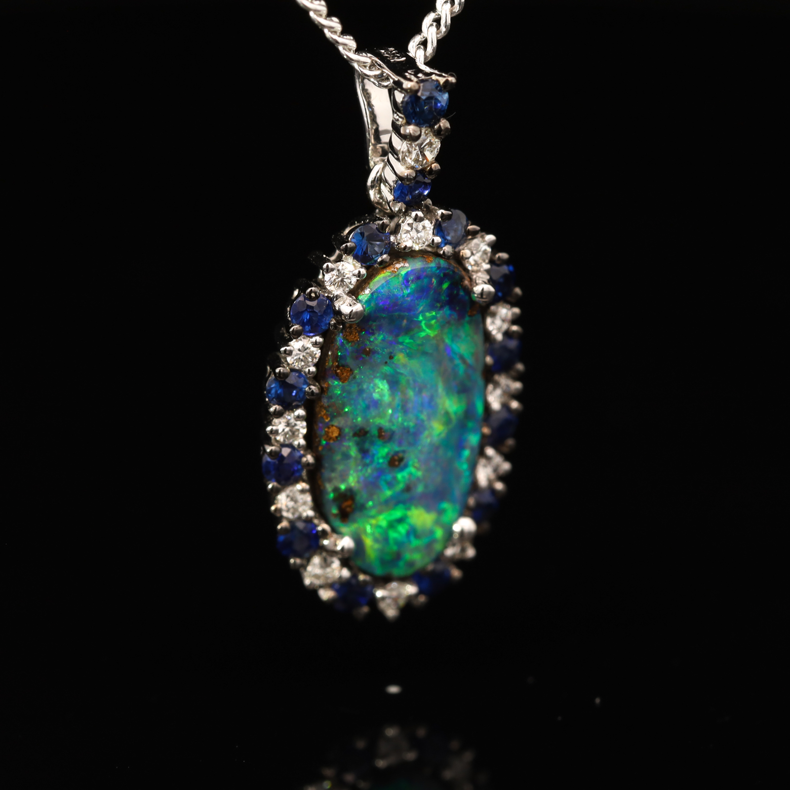 White Gold Blue Green Yellow Boulder Opal Diamond and Sapphire Pendant