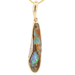 Yellow Gold Blue Green Boulder Opal and Diamond Pendant