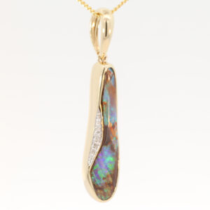 Yellow Gold Blue Green Boulder Opal and Diamond Pendant