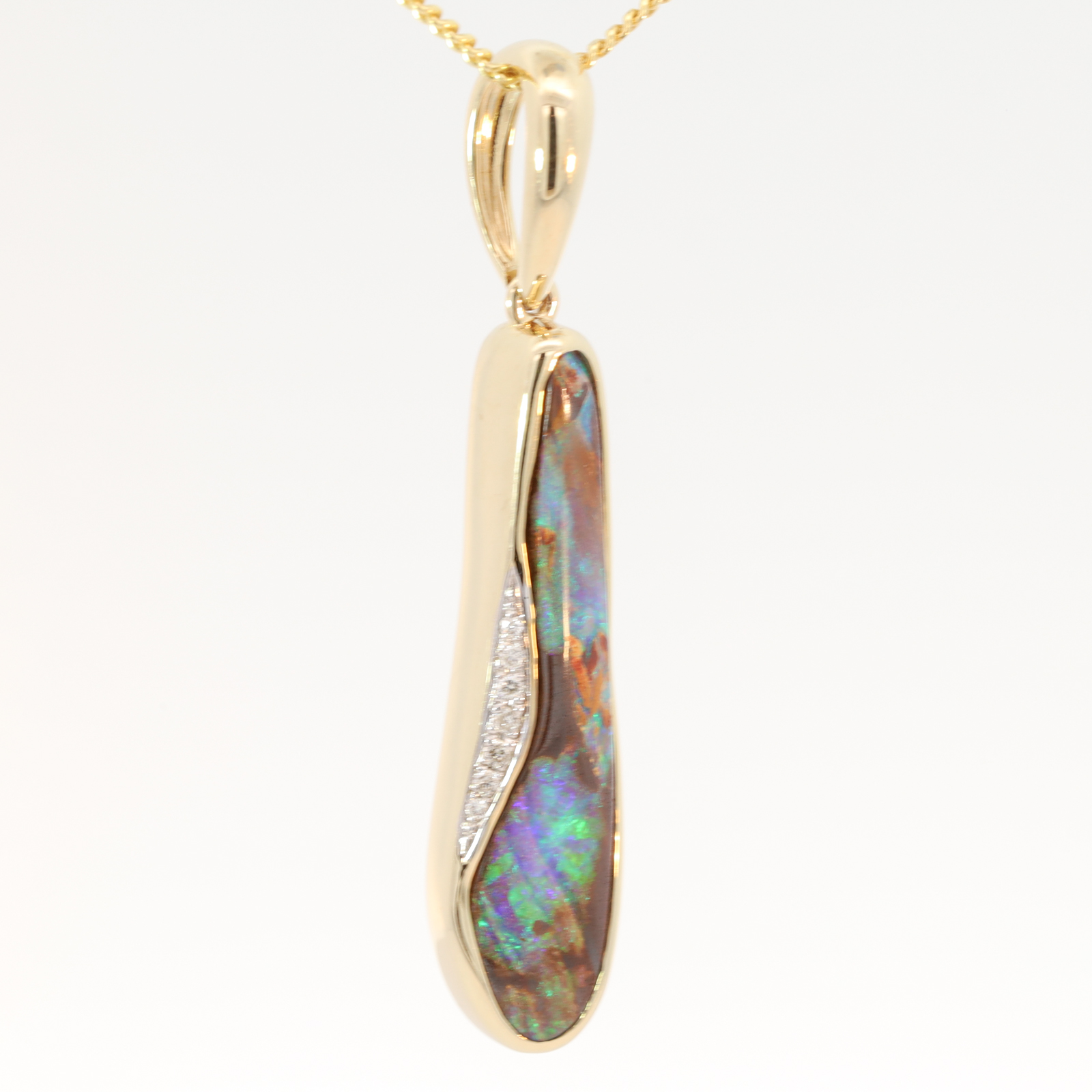 Yellow Gold Blue Green Boulder Opal and Diamond Pendant