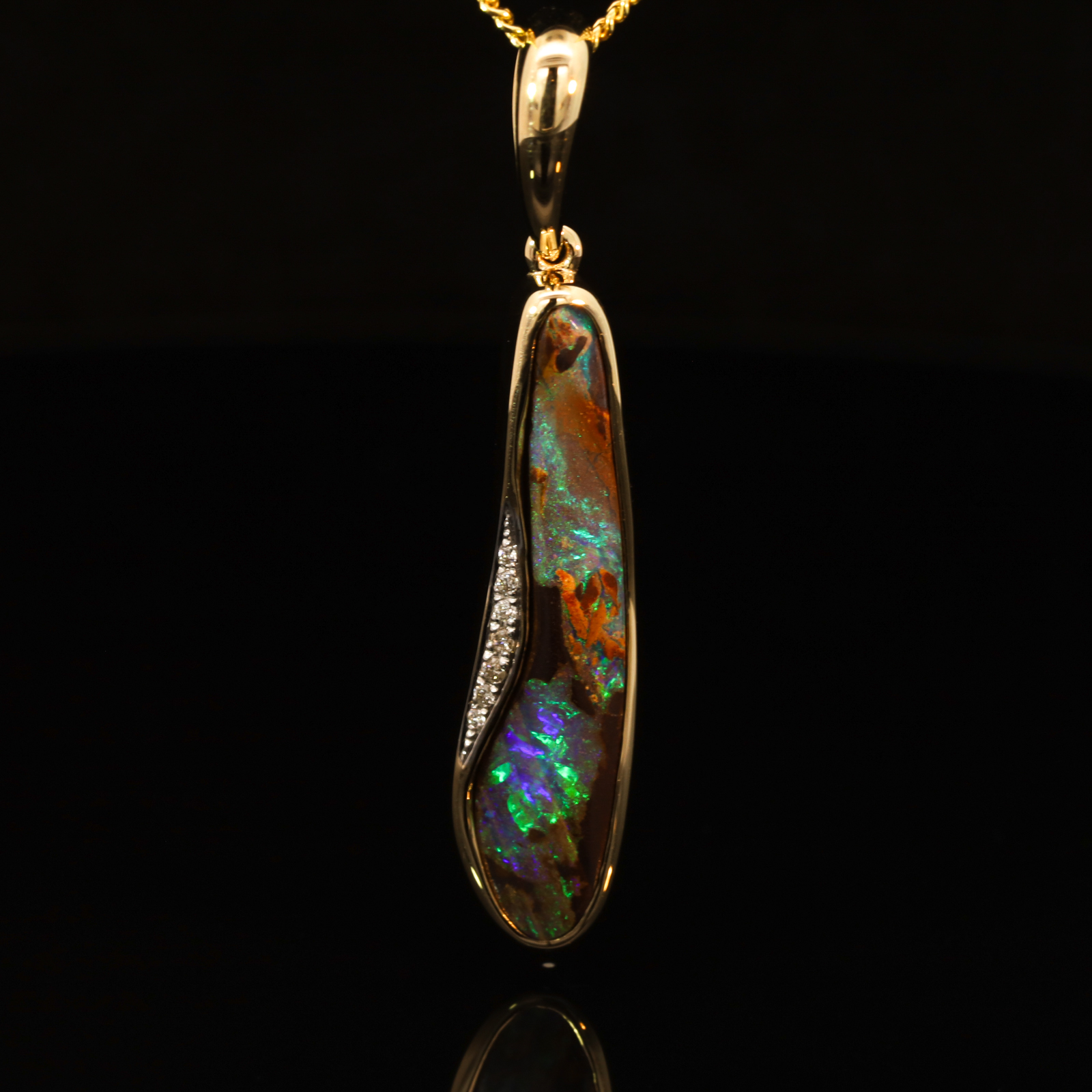 Yellow Gold Blue Green Boulder Opal and Diamond Pendant