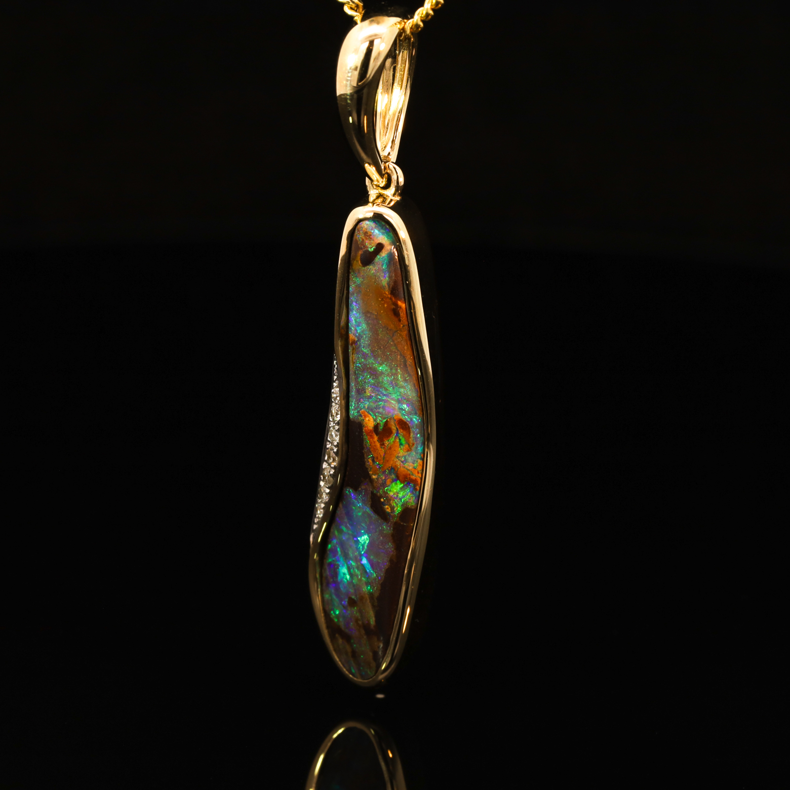 Yellow Gold Blue Green Boulder Opal and Diamond Pendant