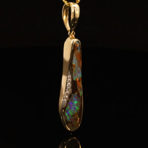 Yellow Gold Blue Green Boulder Opal and Diamond Pendant