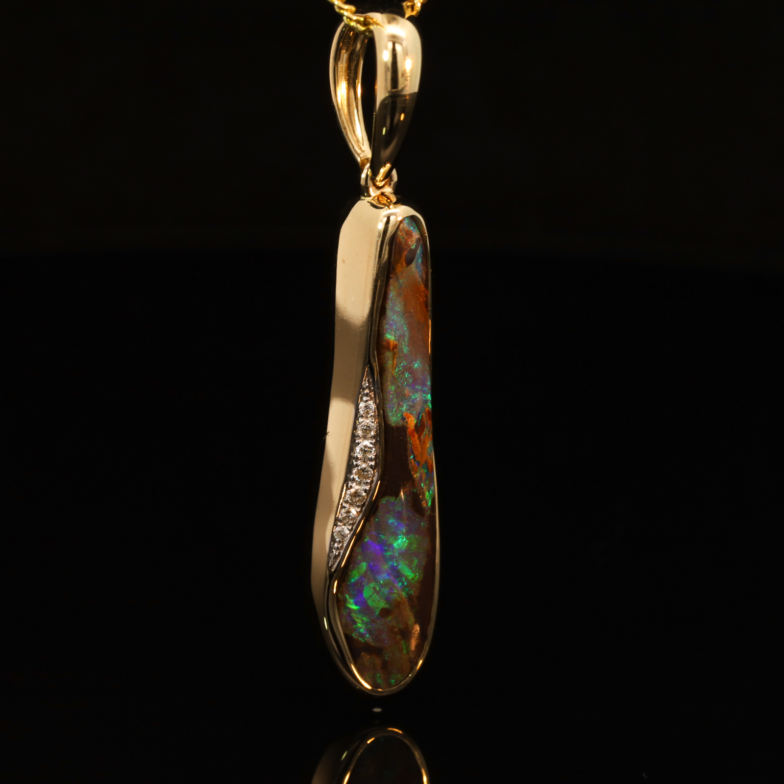 Yellow Gold Blue Green Boulder Opal and Diamond Pendant