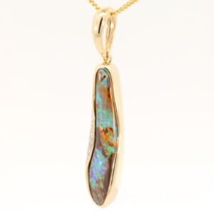Yellow Gold Blue Green Boulder Opal and Diamond Pendant