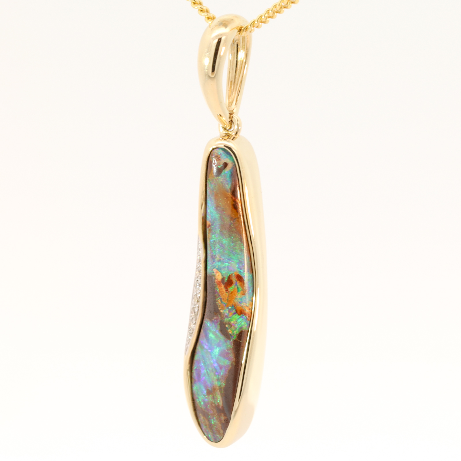 Yellow Gold Blue Green Boulder Opal and Diamond Pendant