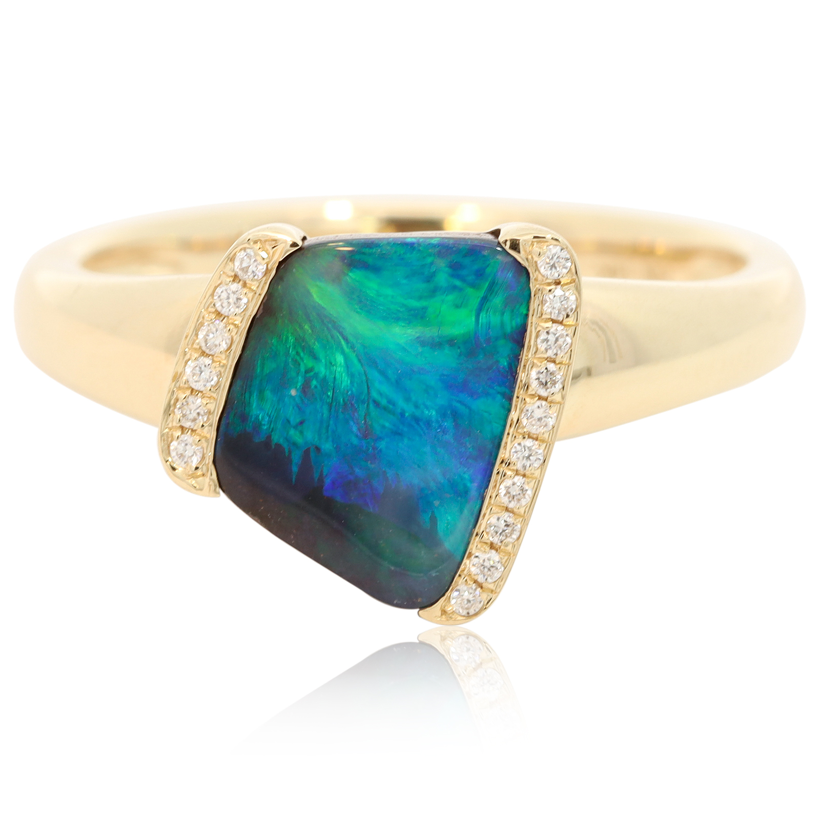 Yellow Gold Blue Green Boulder Opal and Diamond Ring