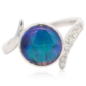 White Gold Blue Green Purple Black Opal and Diamond Ring