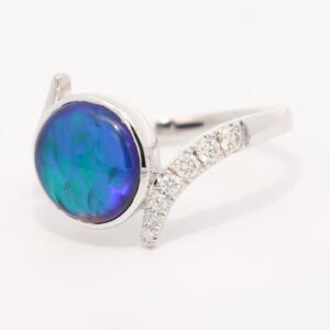 White Gold Blue Green Purple Black Opal and Diamond Ring