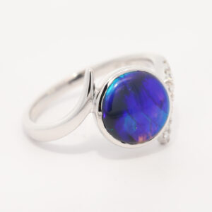 White Gold Blue Green Purple Black Opal and Diamond Ring