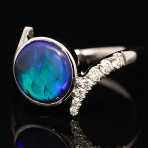White Gold Blue Green Purple Black Opal and Diamond Ring
