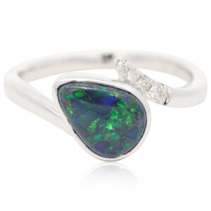 White Gold Blue Green Orange Black Opal and Diamond Ring