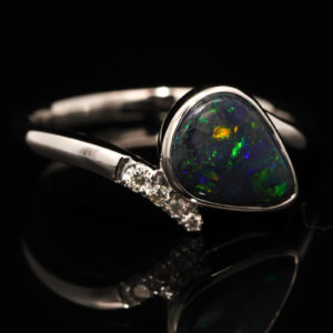 White Gold Blue Green Orange Black Opal and Diamond Ring
