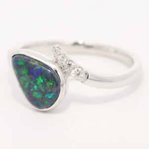 White Gold Blue Green Orange Black Opal and Diamond Ring
