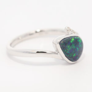 White Gold Blue Green Orange Black Opal and Diamond Ring