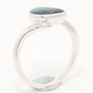 White Gold Blue Green Orange Black Opal and Diamond Ring