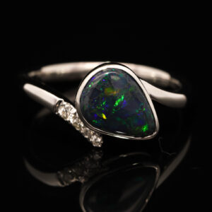 White Gold Blue Green Orange Black Opal and Diamond Ring