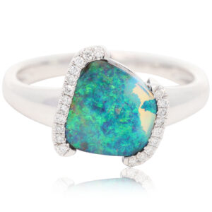 White Gold Blue Green Boulder Opal and Diamond Ring