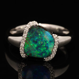 White Gold Blue Green Boulder Opal and Diamond Ring