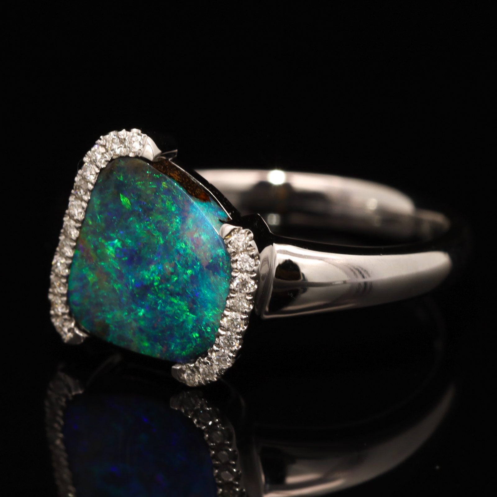 White Gold Blue Green Boulder Opal and Diamond Ring